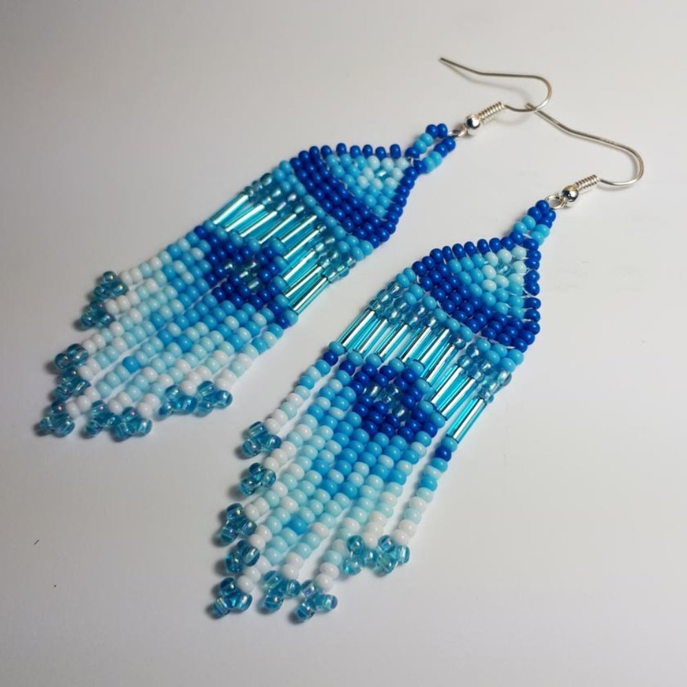 Indigo glass beaded fringed earrings. Handcrafted